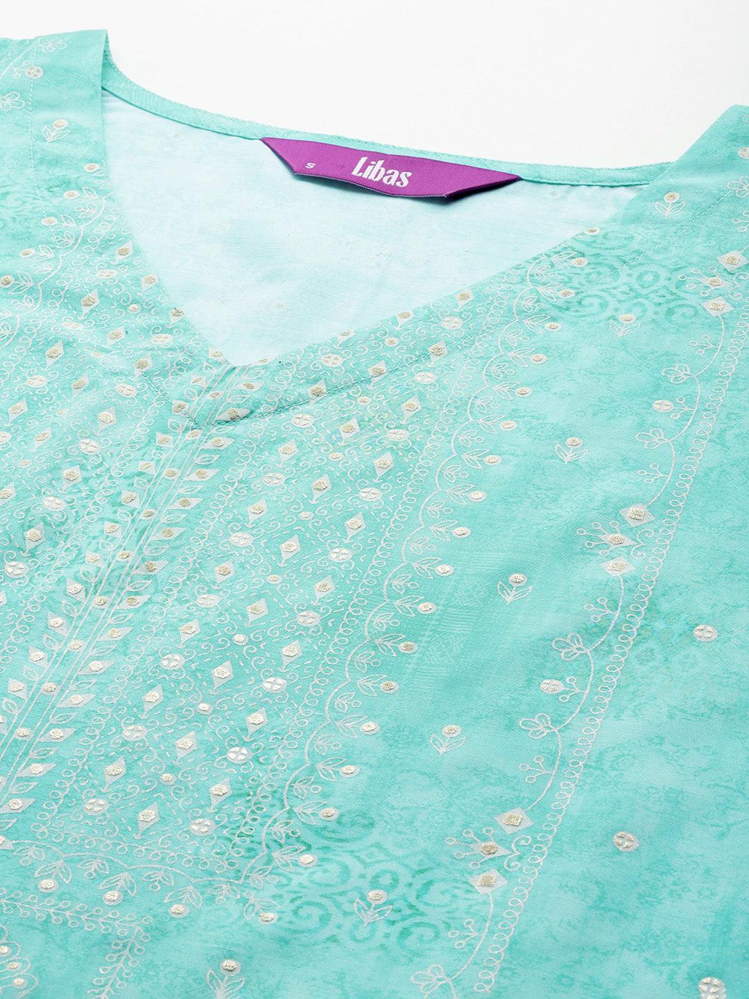 Blue Printed Silk Blend Kaftan Kurta Set With Trousers - Libas