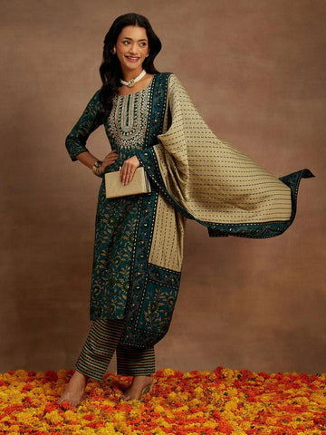 Blue Printed Silk Blend Kurta With Trousers & Dupatta
