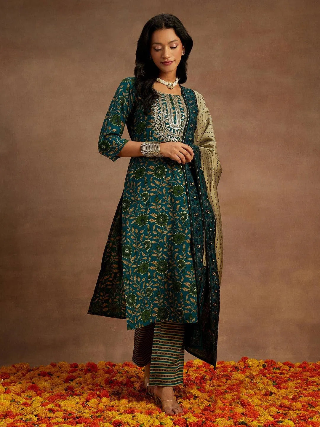 Blue Printed Silk Blend Kurta With Trousers & Dupatta - Libas 