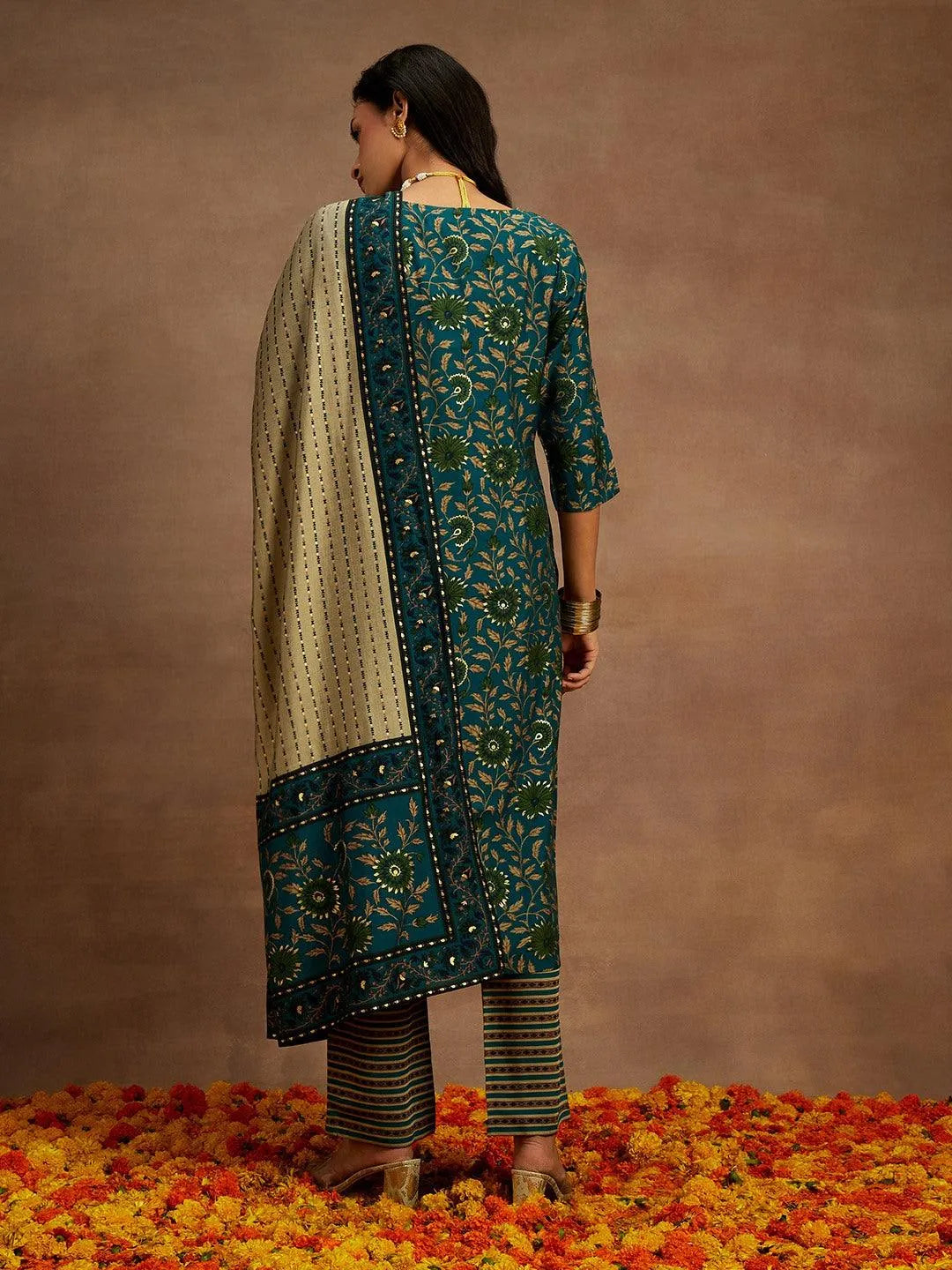 Blue Printed Silk Blend Kurta With Trousers & Dupatta - Libas 