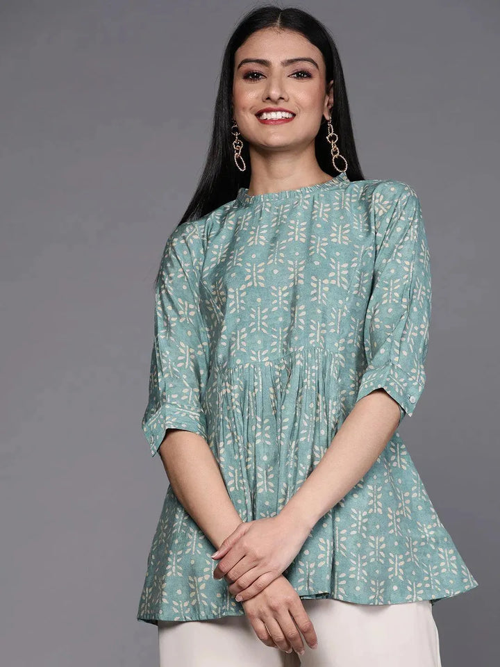 Blue Printed Silk Blend Kurti - Libas