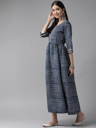 Blue Printed Silk Blend Maxi Dress - Libas