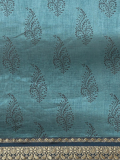 Blue Printed Silk Blend Saree - Libas