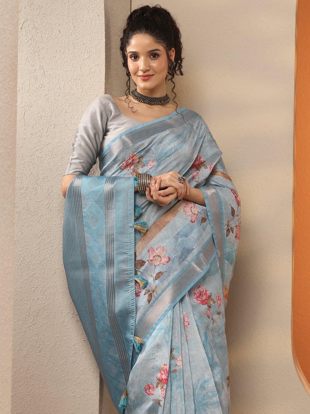  Blue Printed Silk Blend Saree With Unstitched Blouse Piece 