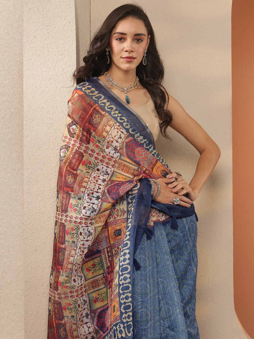  Blue Printed Silk Blend Saree With Unstitched Blouse Piece 