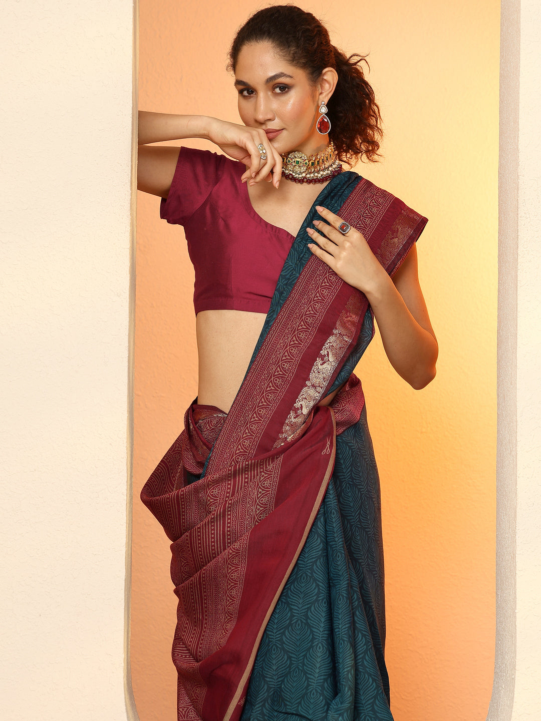  Blue Printed Silk Blend Saree With Unstitched Blouse Piece 