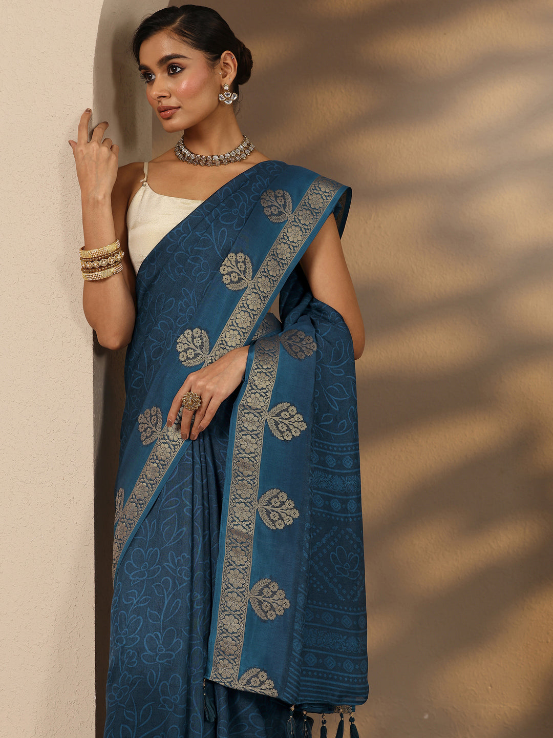  Blue Printed Silk Blend Saree With Unstitched Blouse Piece 
