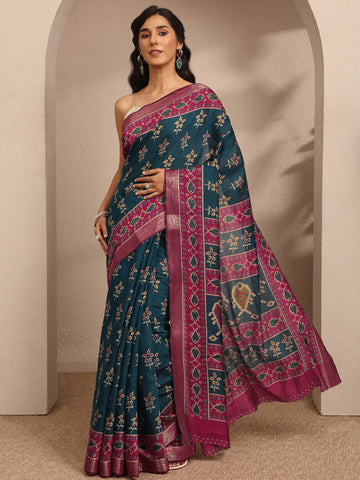 Blue Printed Silk Blend Saree With Unstitched Blouse Piece