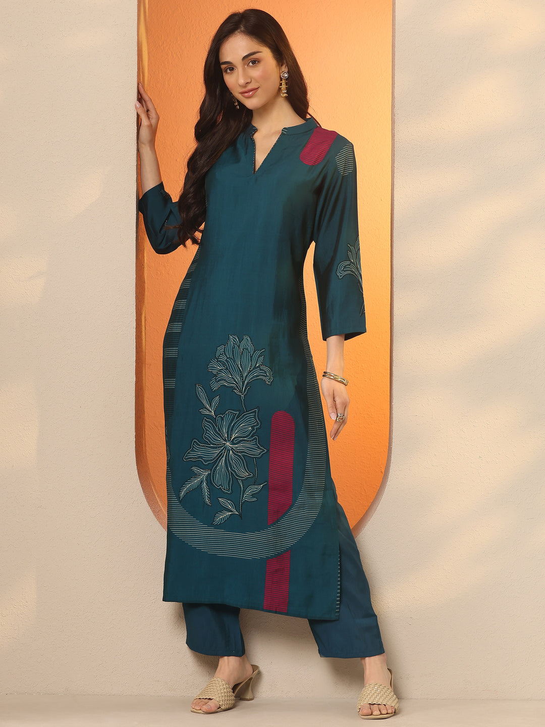 Blue Printed Silk Blend Straight Kurta