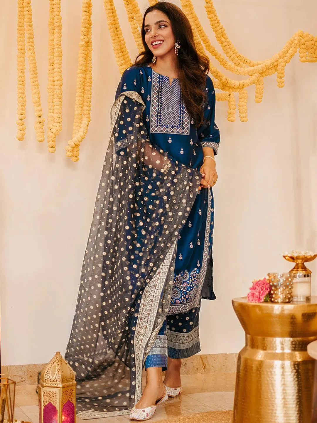 Blue Printed Silk Blend Suit Set - Libas
