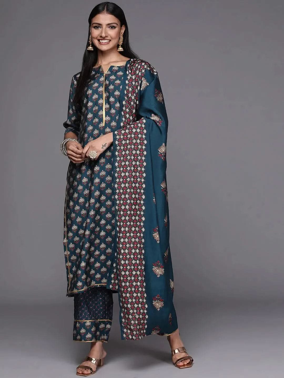 

Blue Printed Silk Blend Straight Kurta With Trousers & Dupatta
