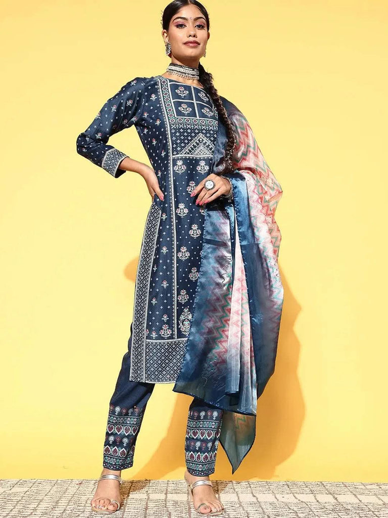 Libas Blue Printed Silk Blend Straight Kurta With Dupatta
