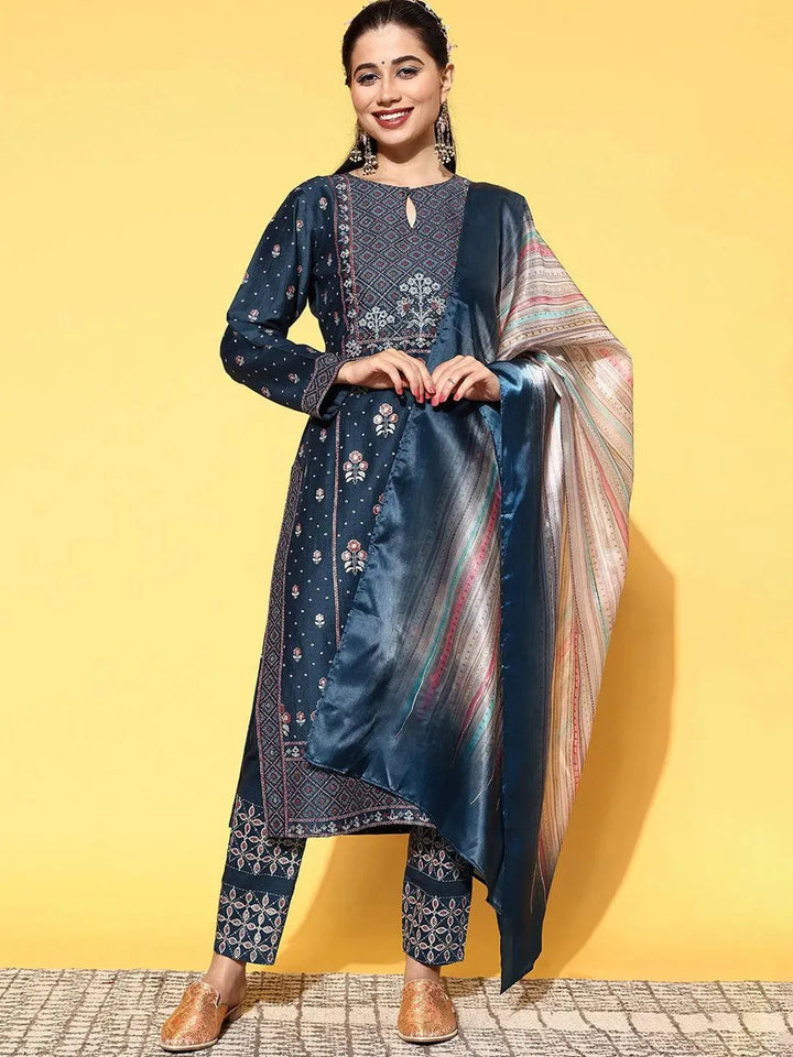 Blue Printed Silk Blend Straight Suit Set - Libas