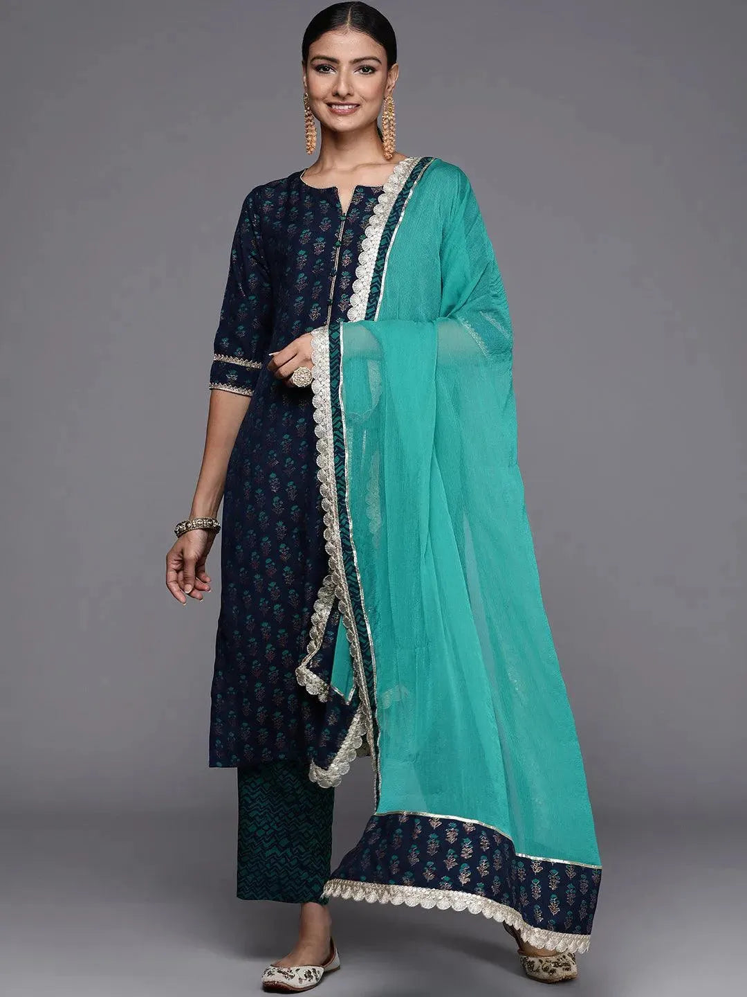 Blue Printed Silk Blend Straight Suit Set - Libas