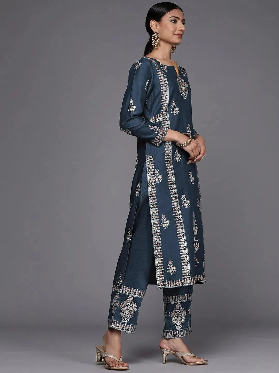 Blue Printed Silk Blend Straight Suit Set - Libas 
