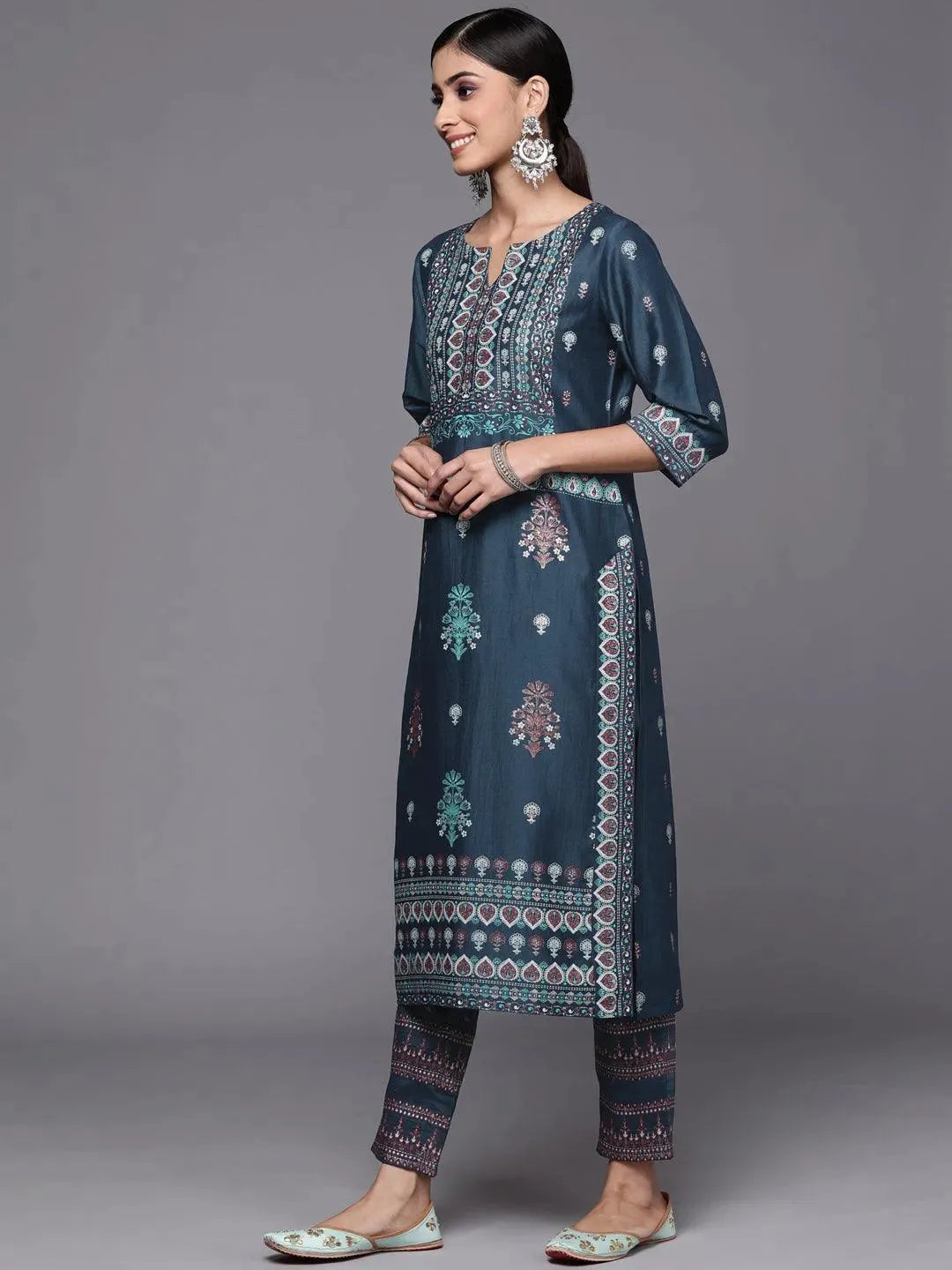 Blue Printed Silk Blend Straight Suit Set - Libas 