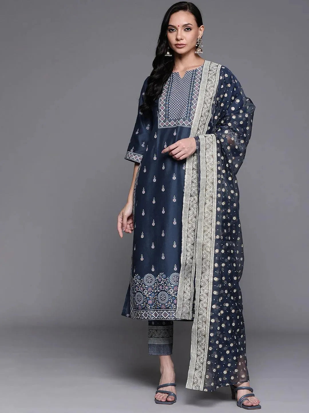 Blue Printed Silk Blend Suit Set - Libas 
