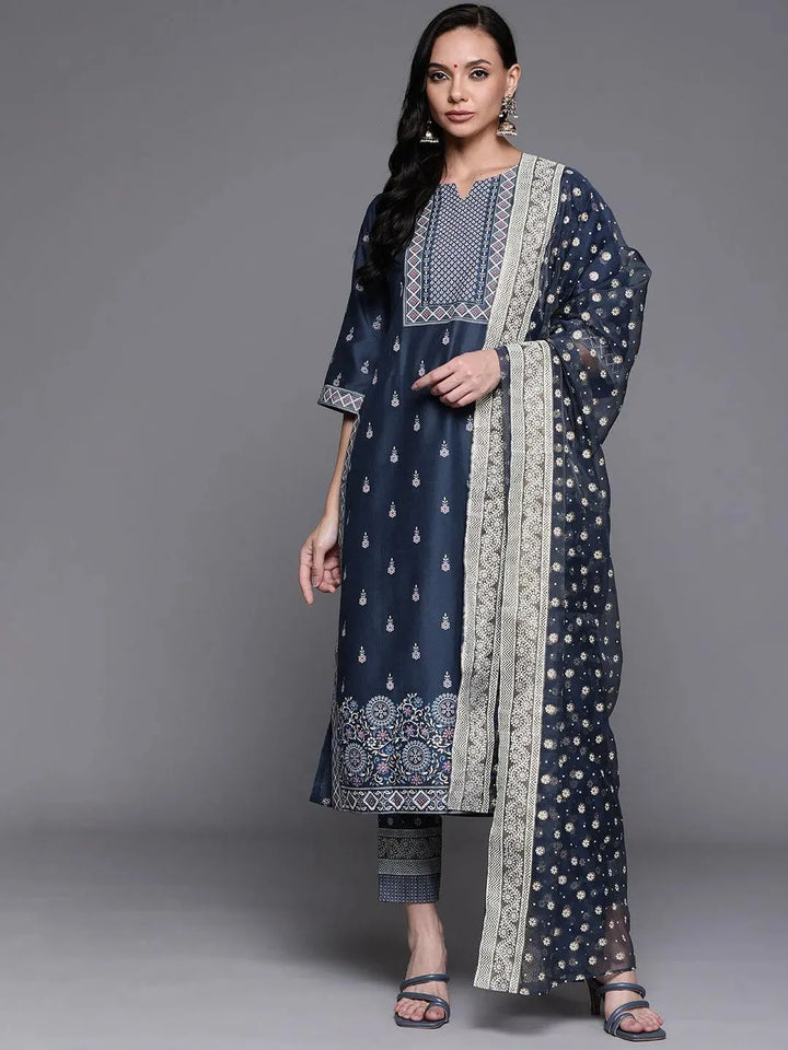 Blue Printed Silk Blend Suit Set - Libas