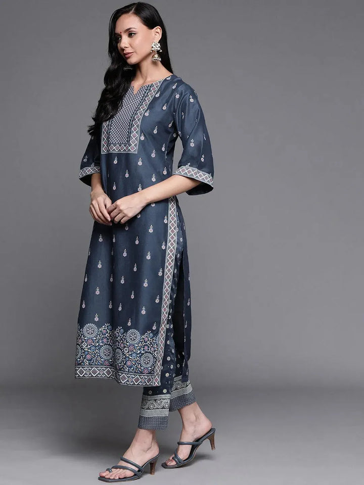 Blue Printed Silk Blend Suit Set - Libas