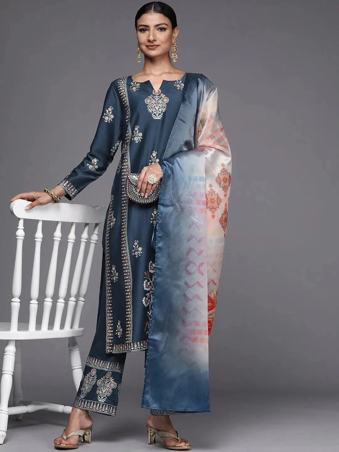 Blue Printed Silk Blend Straight Suit Set - Libas 