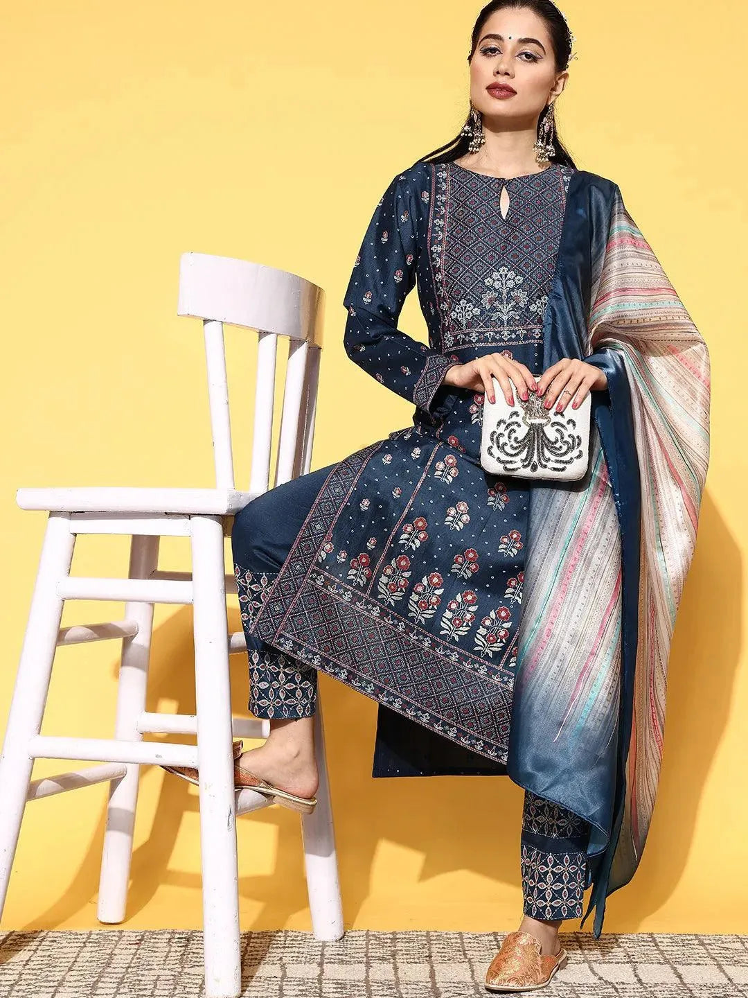 Blue Printed Silk Blend Straight Suit Set - Libas 