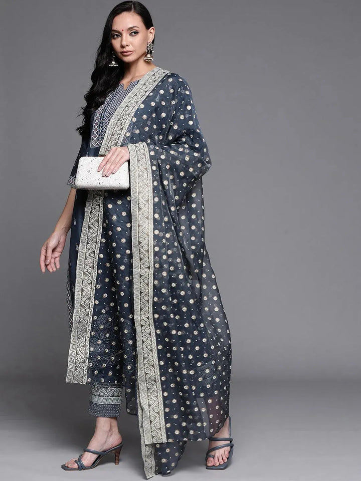 Blue Printed Silk Blend Suit Set - Libas