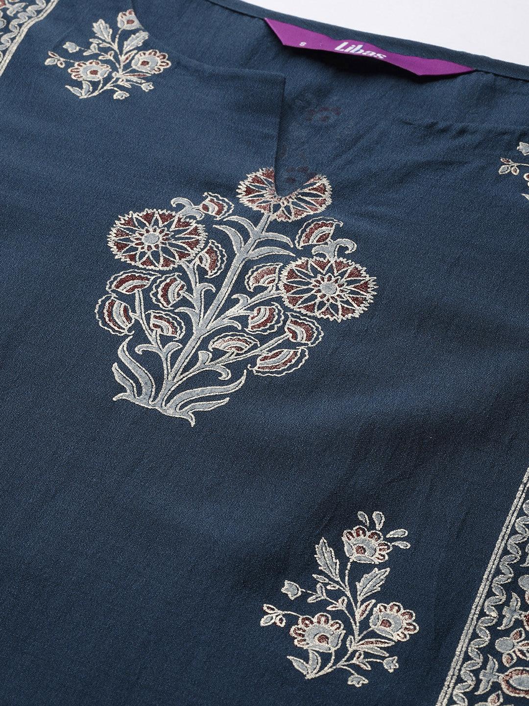 Blue Printed Silk Blend Straight Kurta With Dupatta