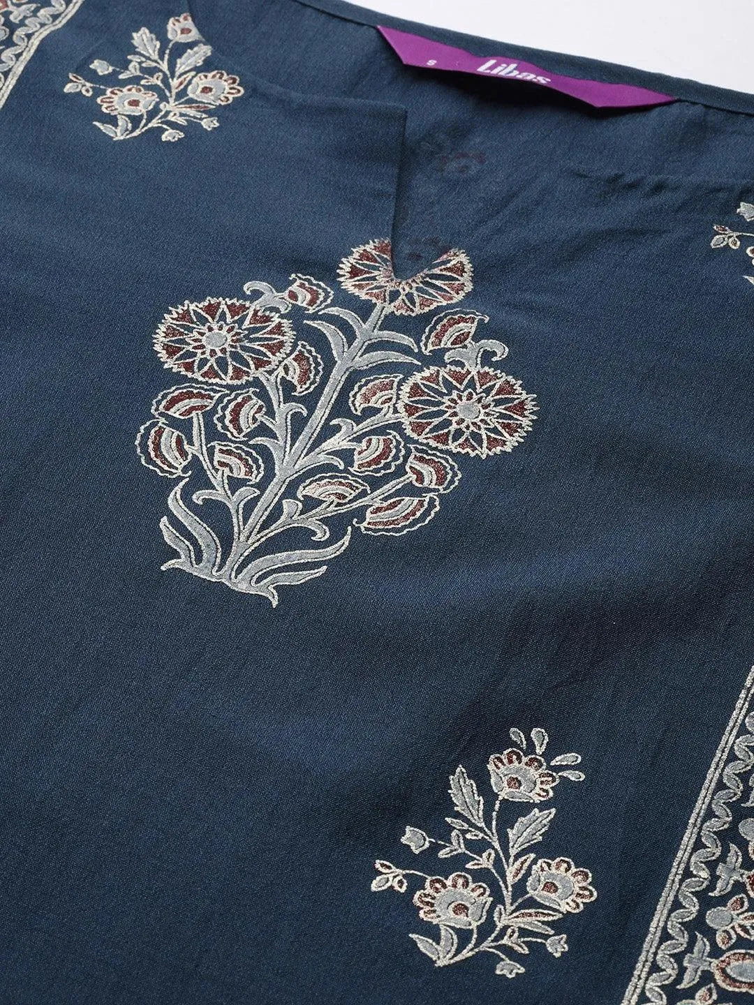 Blue Printed Silk Blend Straight Suit Set - Libas 