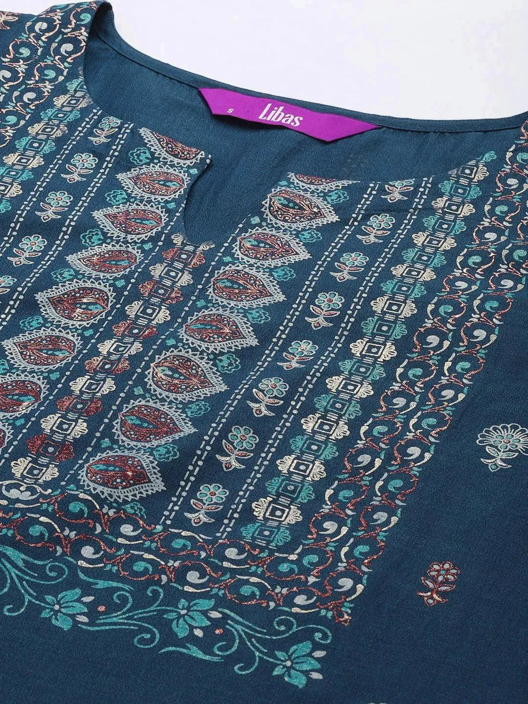 Blue Printed Silk Blend Straight Suit Set - Libas 