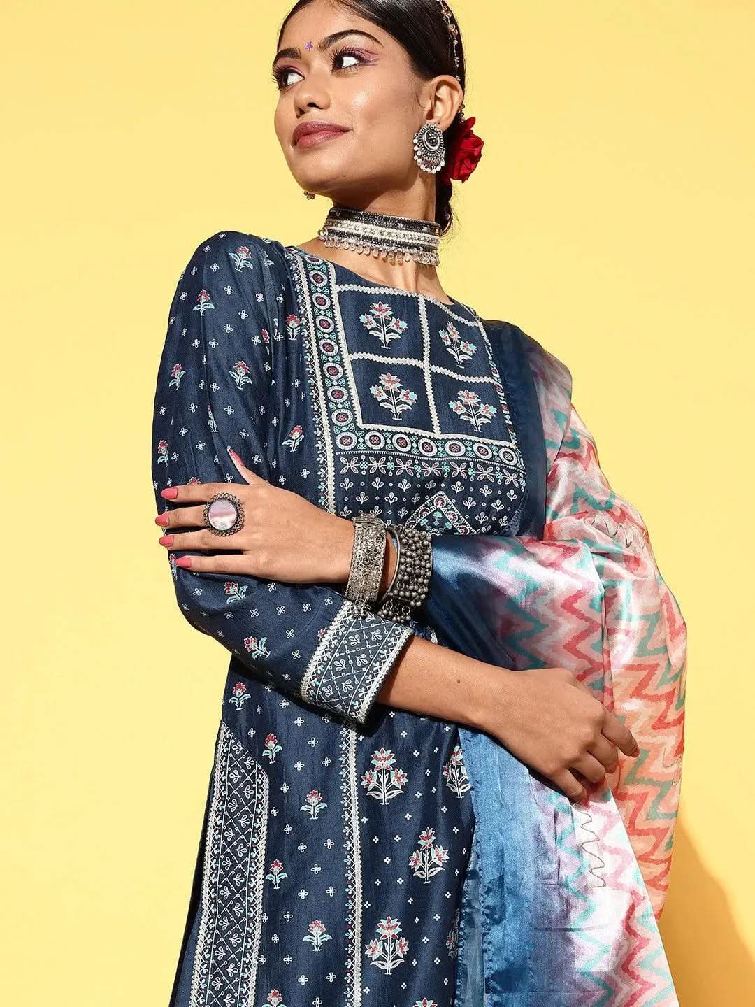 

Blue Printed Silk Blend Straight Kurta With Dupatta