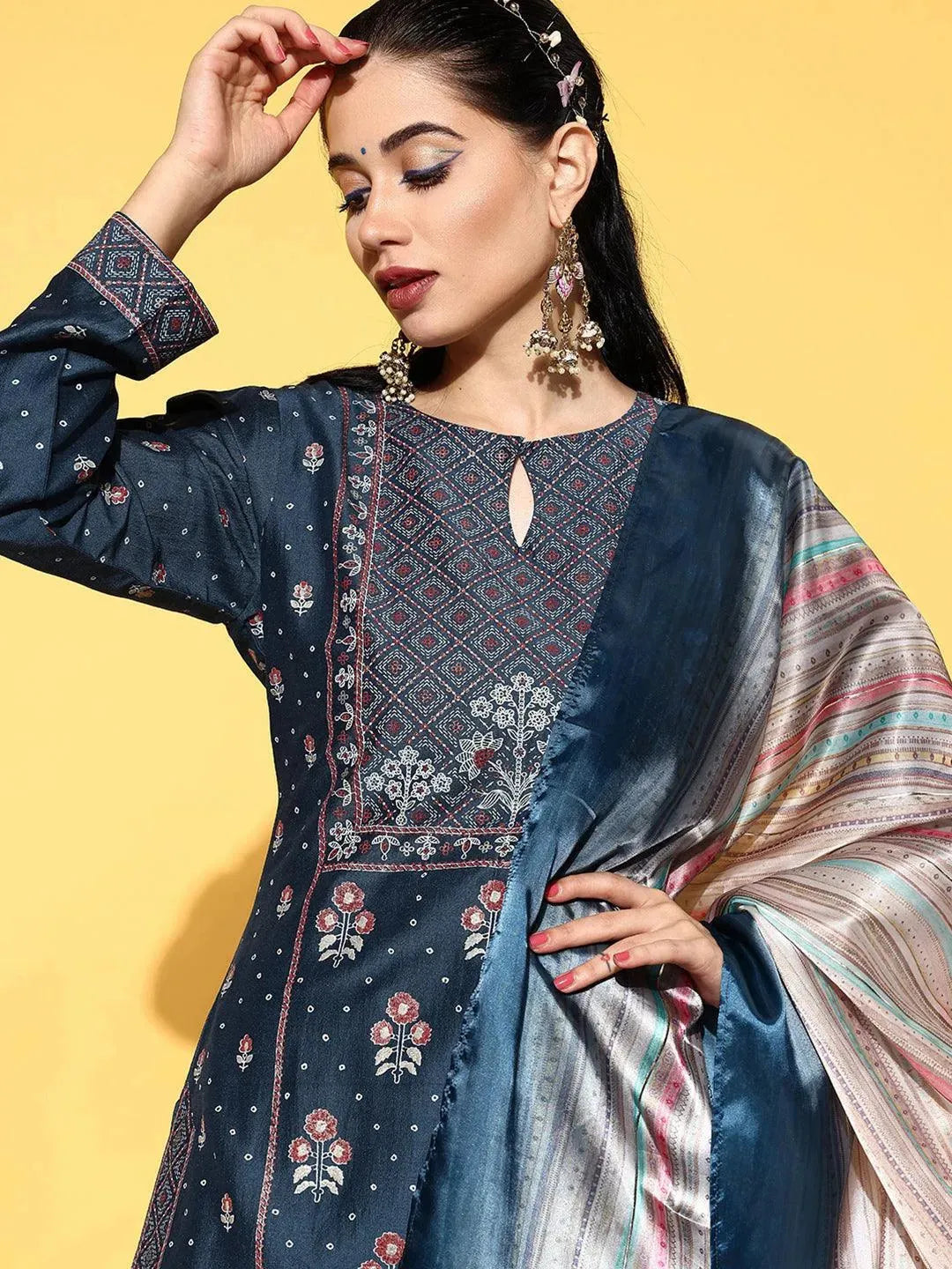 Blue Printed Silk Blend Straight Suit Set - Libas