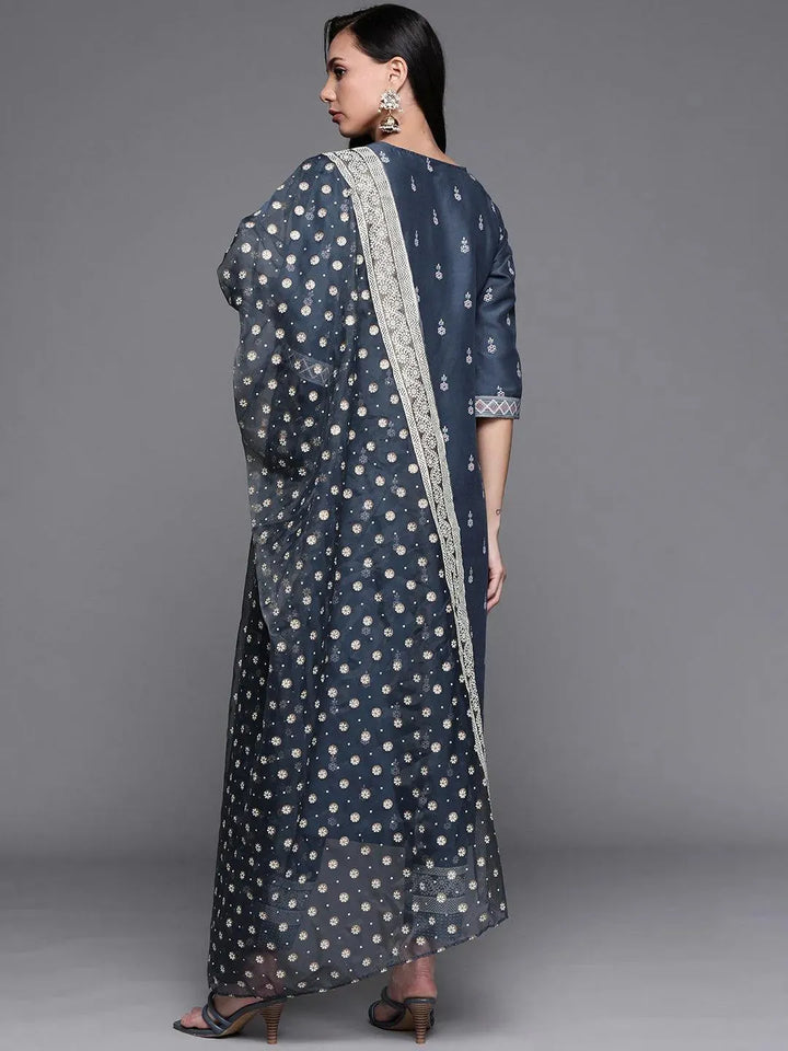 Blue Printed Silk Blend Suit Set - Libas
