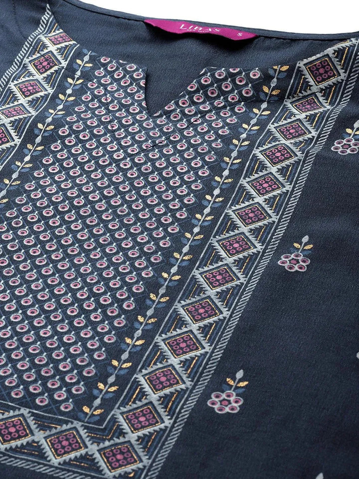 Blue Printed Silk Blend Suit Set - Libas