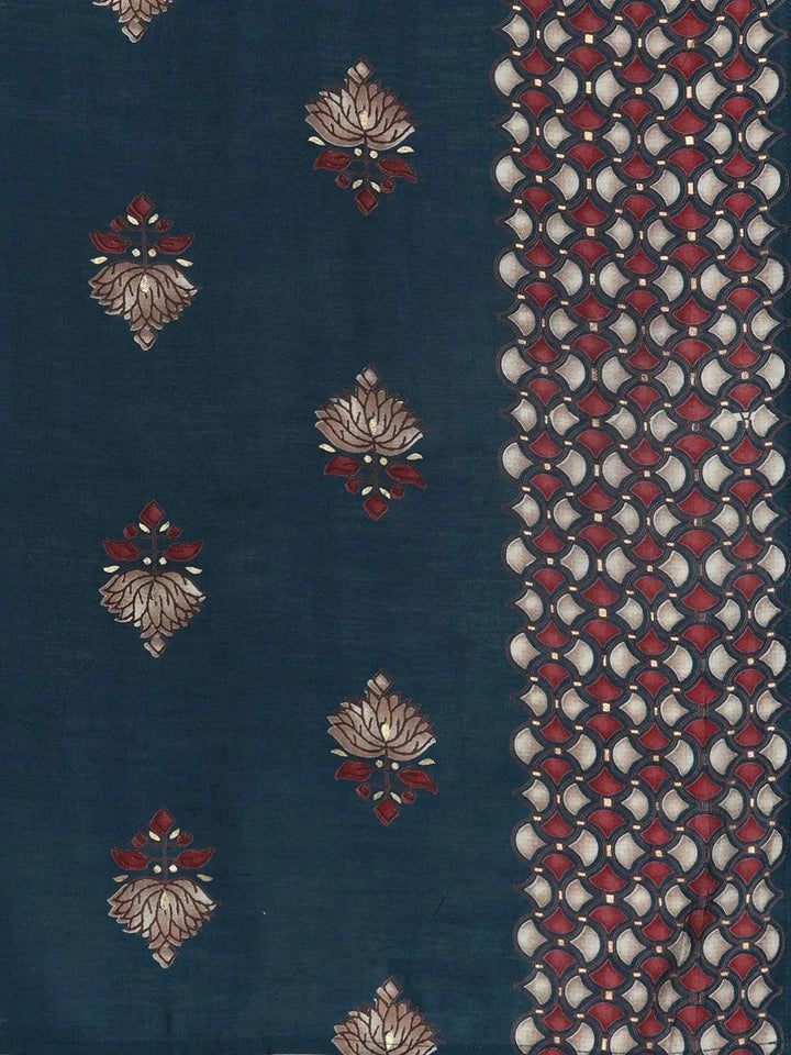 Blue Printed Silk Blend Straight Suit Set - Libas