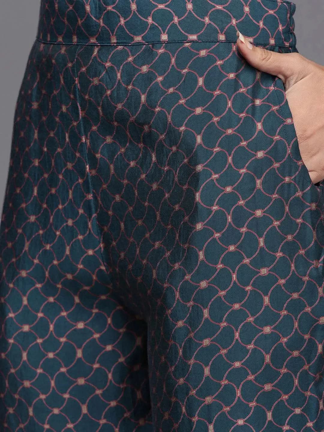 

Blue Printed Silk Blend Straight Kurta With Trousers & Dupatta