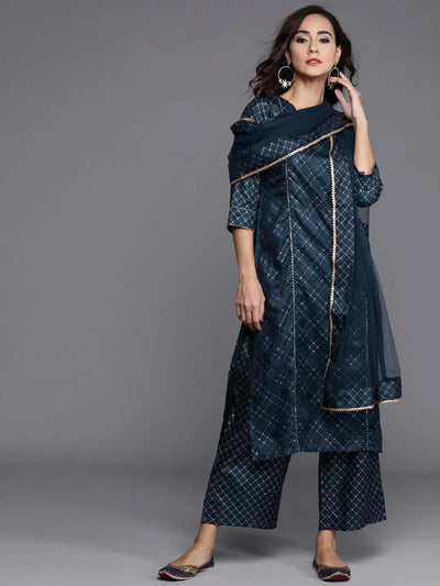 Blue Printed Silk Blend Suit Set - Libas