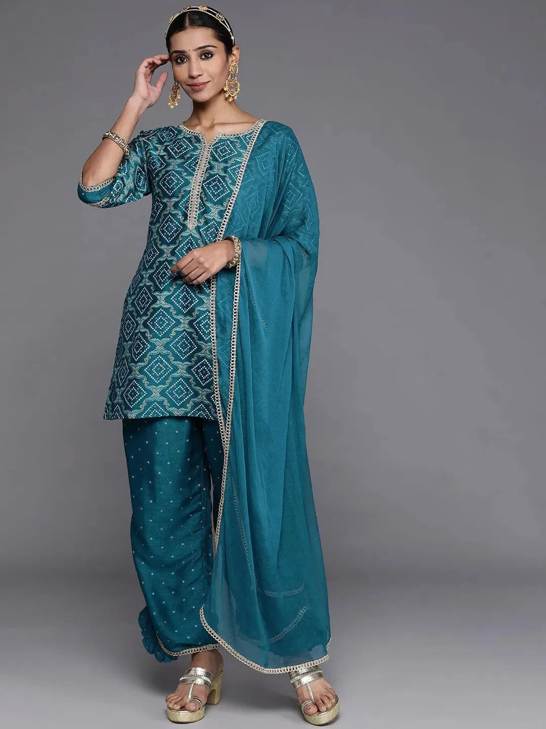 Blue Printed Silk Blend Straight Suit Set With Palazzos - Libas