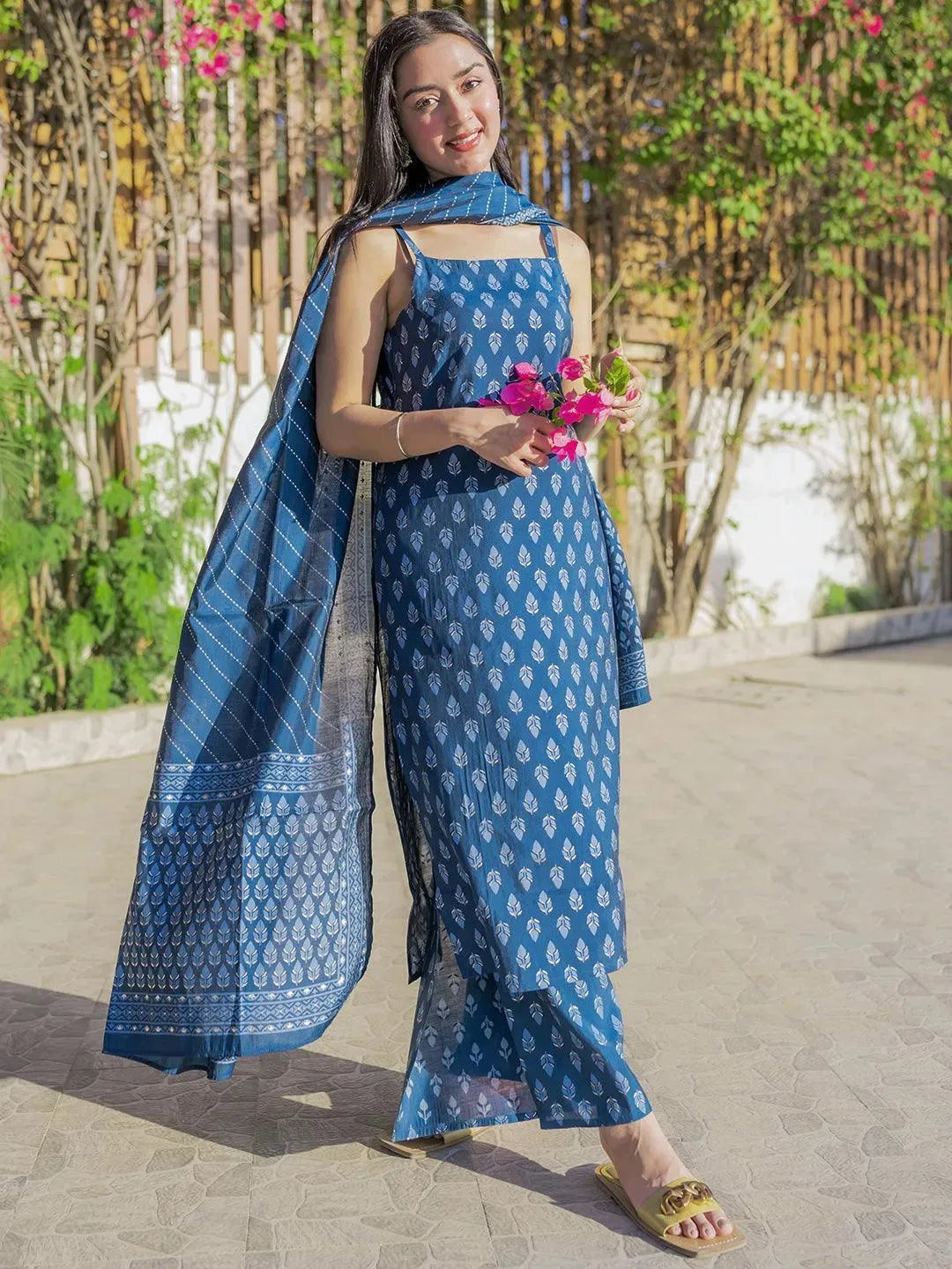 Blue Printed Silk Blend Straight Kurta With Palazzos & Dupatta