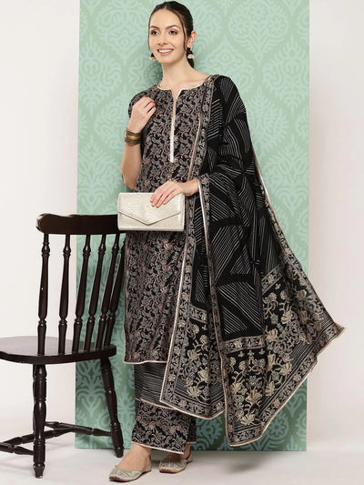 Blue Printed Silk Blend Straight Suit Set With Palazzos - Libas