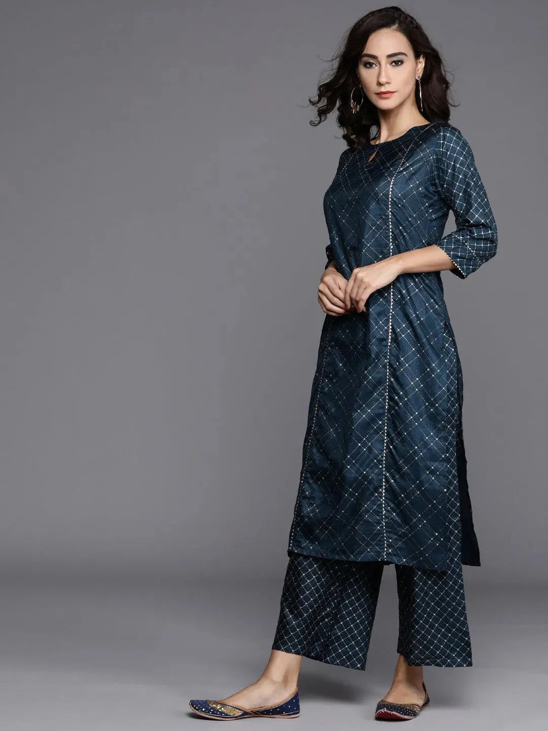 Blue Printed Silk Blend Suit Set - Libas