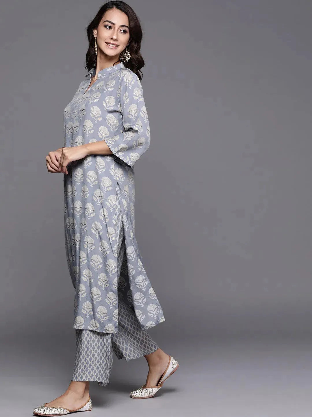Blue Printed Silk Blend Suit Set - Libas 
