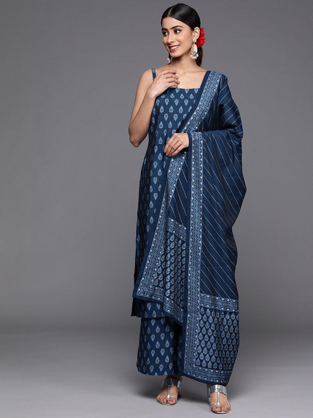Blue Printed Silk Blend Straight Suit Set With Palazzos - Libas