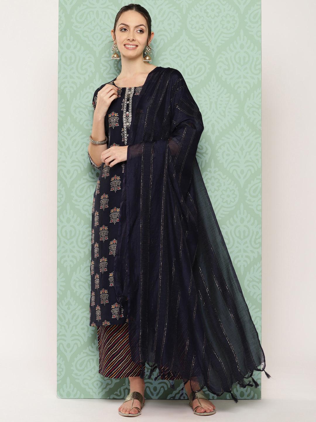 Blue Printed Silk Blend Straight Suit With Dupatta