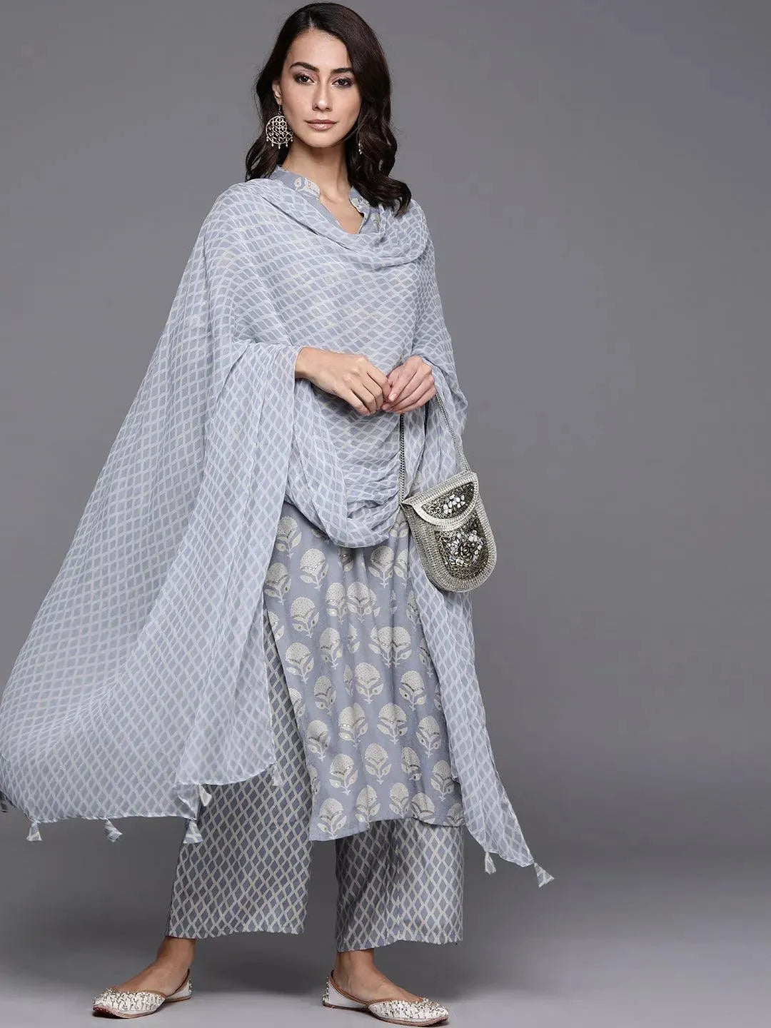 Blue Printed Silk Blend Suit Set - Libas 