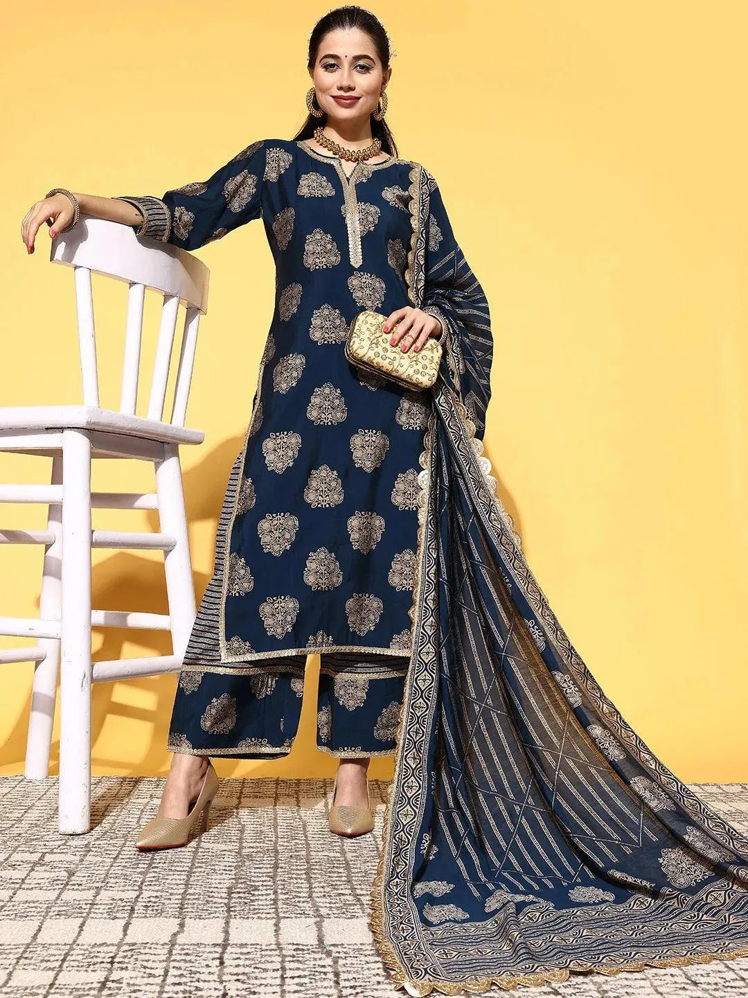 Blue Printed Silk Blend Straight Suit Set - Libas 