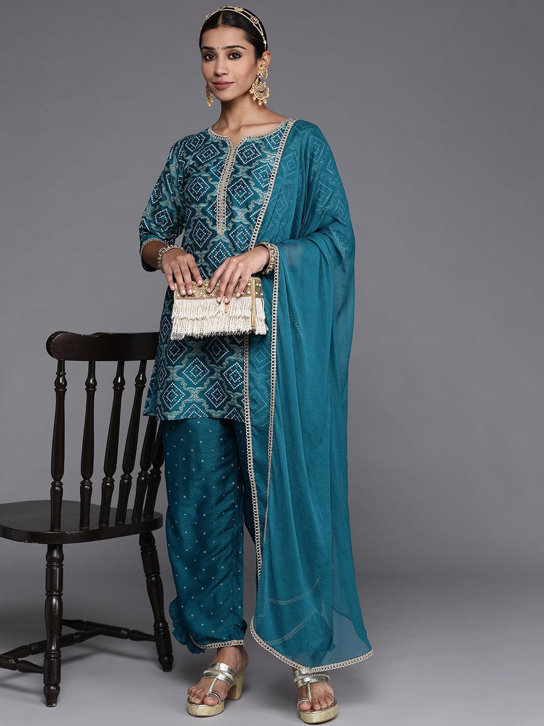 Blue Printed Silk Blend Straight Suit Set With Palazzos - Libas