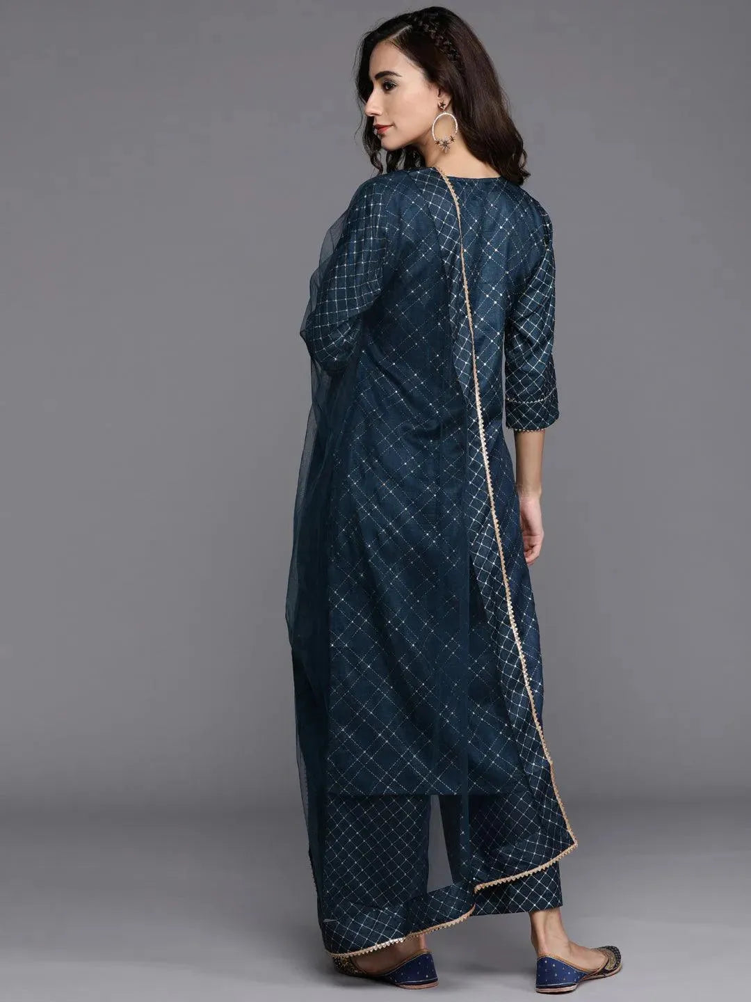 Blue Printed Silk Blend Suit Set - Libas