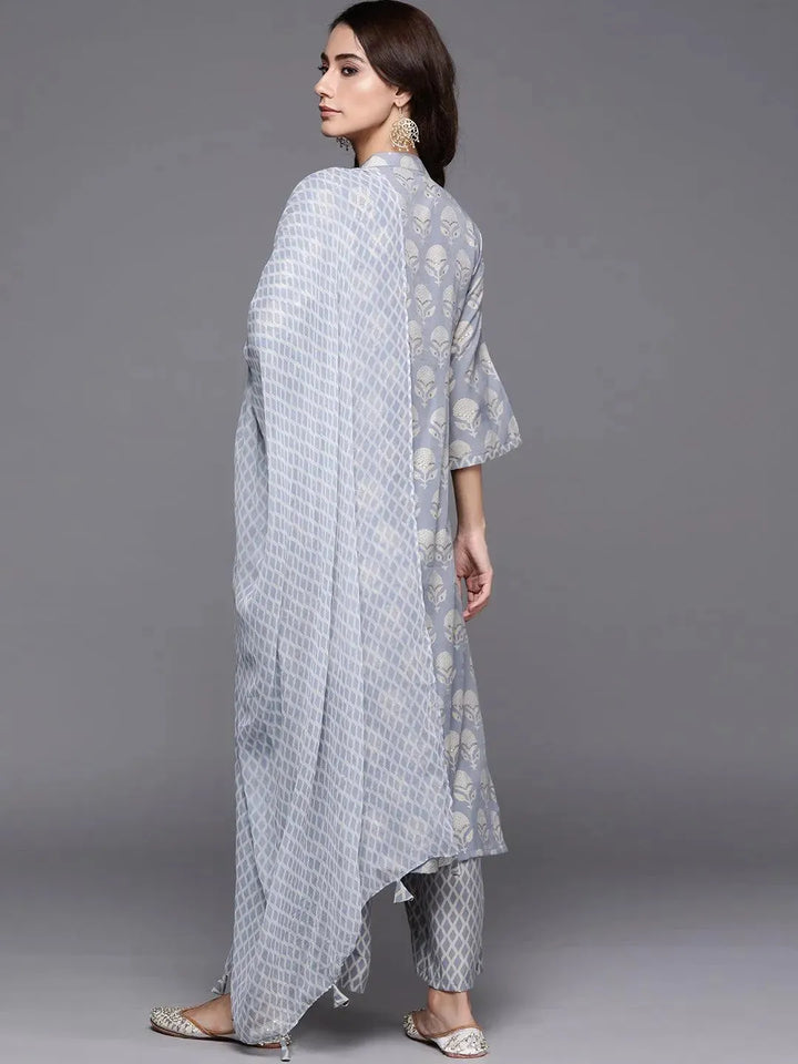 Blue Printed Silk Blend Suit Set - Libas