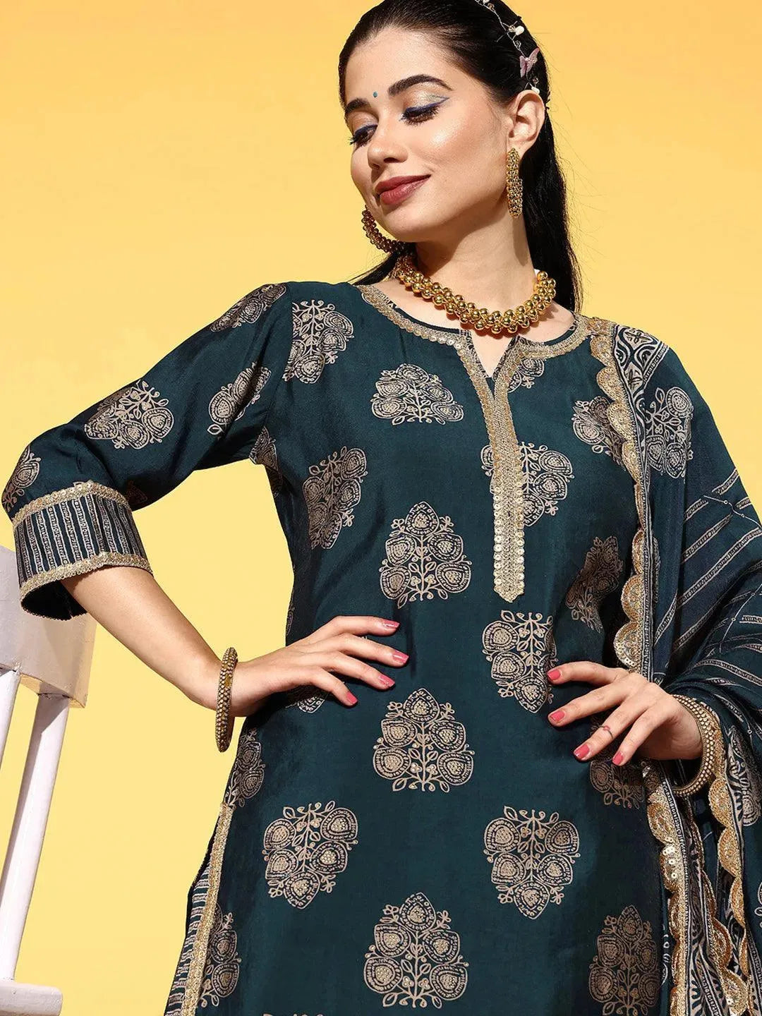 Blue Printed Silk Blend Straight Suit Set - Libas 