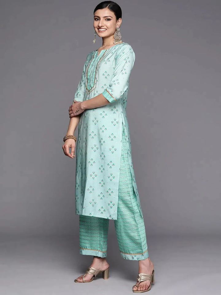 Blue Printed Silk Blend Straight Kurta Set With Palazzos - Libas